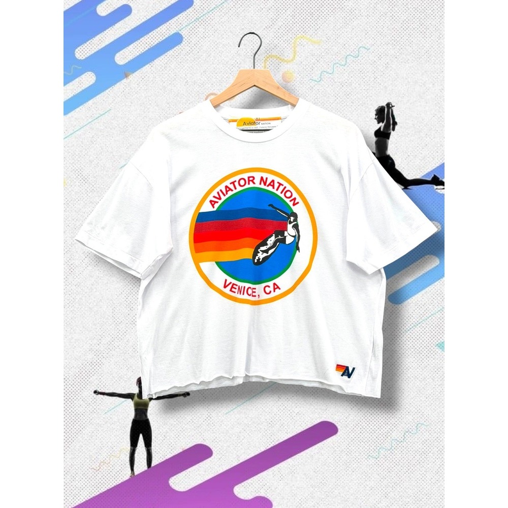 Aviator Nation Venice CA Surfer Graphic Raw Hem Cropped T-Shirt White XL